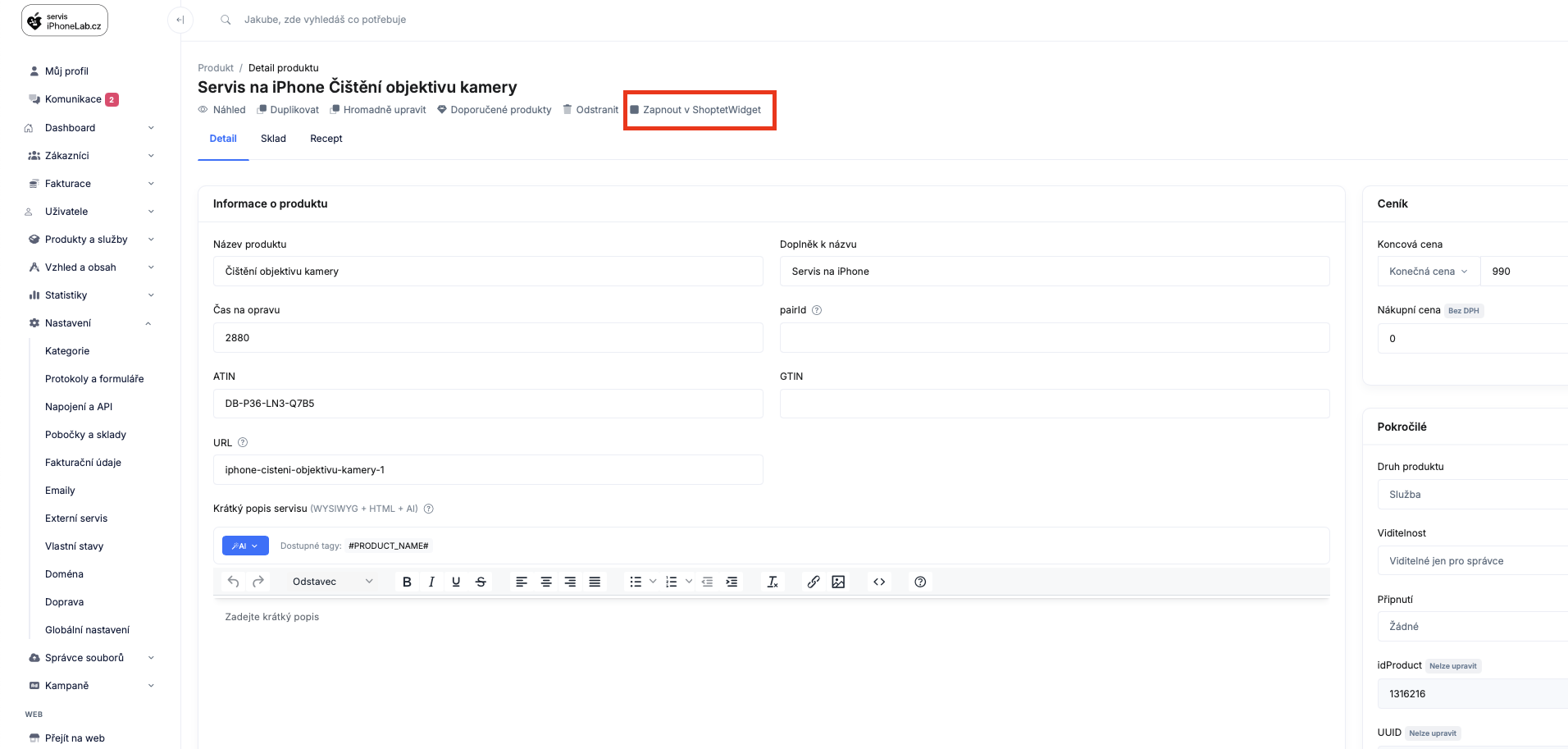 Shoptet Widget – přidání služby