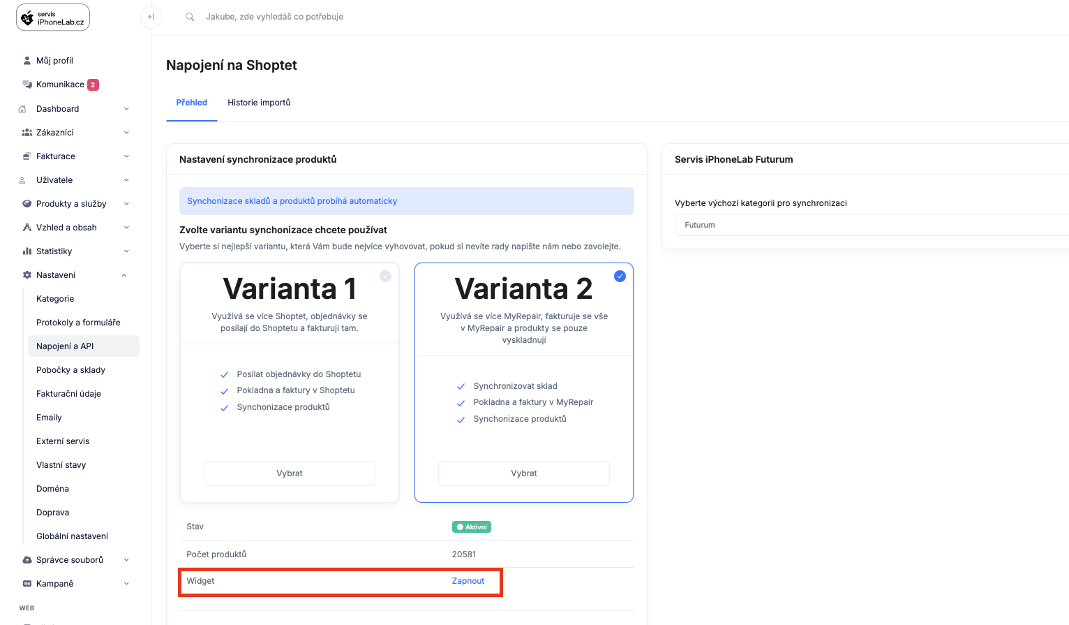 Shoptet Widget – aktivace